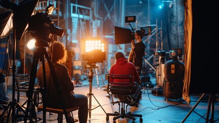 Behind-the-scenes perspective of a film set depicting the production crew's expertise.