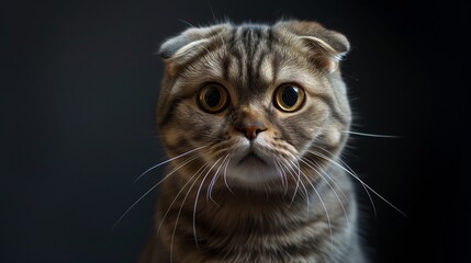 Fototapeta premium An indoor cat's serene gaze captures attention, whiskers splayed in perfect detail, the epitome of relaxation and contentment.