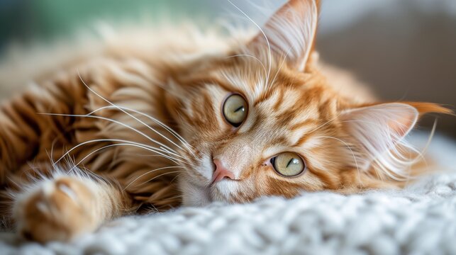 The soft, serene gaze of a Maine Coon, set against the vibrant backdrop of nature, portrays the tranquil life of a domestic feline.