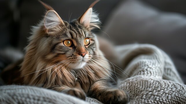 A Maine Coon, the gentle giant of the cat world, sits serenely surrounded by the soft bokeh of a lush garden.