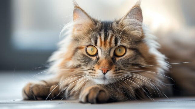 The poised Maine Coon, with its expressive eyes and elegant whiskers, stands regally against a bokeh of garden greenery.