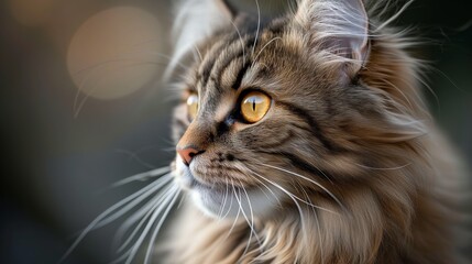 With its eyes sharp and alert, this Maine Coon's expressive gaze captures the essence of its curious and intelligent nature.