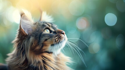 In the golden light, a Maine Coon's fur takes on a warm hue, its eyes reflecting the surrounding nature in a moment of peacefulness. - obrazy, fototapety, plakaty