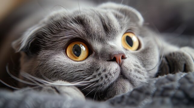 A Scottish Fold's charming and captivating gaze, set against the soft texture of its fur, creates a portrait of feline beauty.