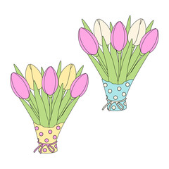 Set 2 tulips bouquets in colorful wrapping paper in trendy soft shades. Design elements for greeting