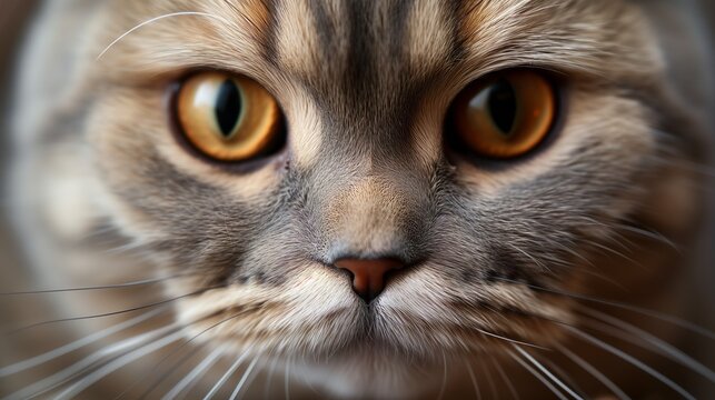 A Scottish Fold's attentive gaze and characteristic folded ears are the stars of this detailed close-up, reflecting the breed's charming personality.