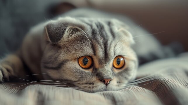 The soft fur and gentle curves of a Scottish Fold cat’s face are beautifully highlighted in this peaceful domestic scene.