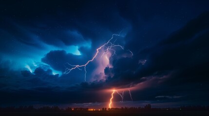 The evening sky is a canvas of electric fury as a thunderbolt cleaves through the storm clouds, heralding the impending tempest. - obrazy, fototapety, plakaty