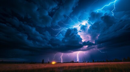 A tempest brews in the evening sky, with lightning illuminating the cloud formations, a prelude to the impending downpour. - obrazy, fototapety, plakaty