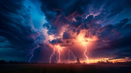 The skies unleash their fury with a spectacular lightning display, each bolt a brilliant flash against the gathering storm.