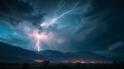 The rumble of thunder follows the spectacular sight of lightning forking down towards the earth, a display of nature's untamed energy. - obrazy, fototapety, plakaty