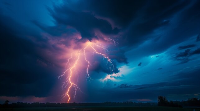 A lightning bolt&rsquo;s electric blue radiance etches a vivid line against the stormy backdrop, while the sound of thunder rumbles in the distance.