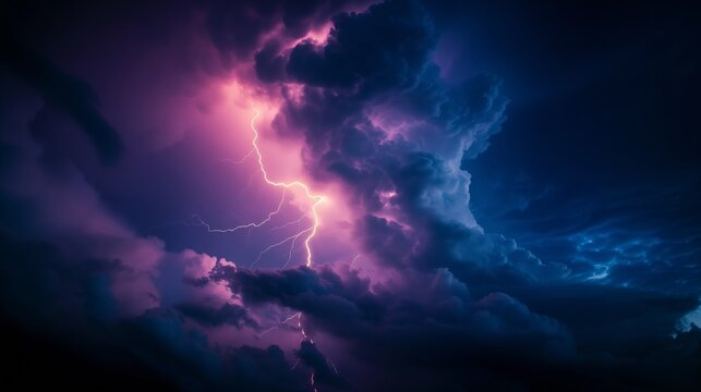 A thunderbolt's fierce arc lights up the storm clouds, its glowing path mirrored in the city lights below.