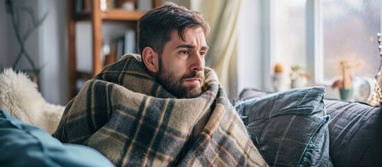 Man shivers at home in winter due to broken thermostat, wrapped in woolen plaid, sitting on sofa indoors.