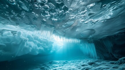 The underwater ice formations stand as silent sentinels, reflecting the soft hues of a winter dusk above.