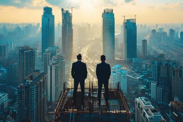 Foto op Canvas Businessmen on roof - investments, patron, business: economic growth strategic capital investment and innovative building initiatives, success in the dynamic landscape of entrepreneurial development. © Ruslan Batiuk