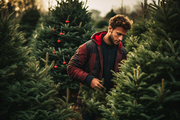 Naklejka na ściany i meble Young adult man choosing a Christmas tree at the farm outdoors