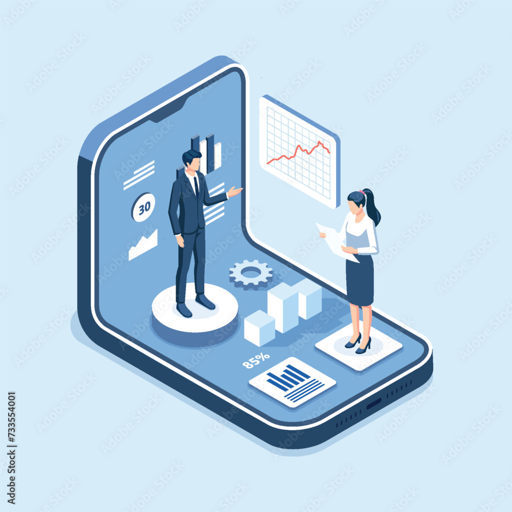 Poster isometric smartphone with graph. business trend analysis on smartphone screen with graphs. illustrat
