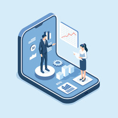 Isometric smartphone with graph. Business trend analysis on smartphone screen with graphs. illustrator vector