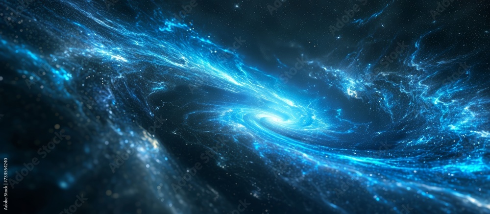 Poster computer generated abstract 3d rendering of a blue glowing gravitational wave in deep space.