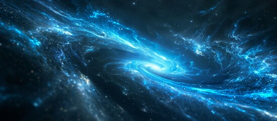 Computer generated abstract 3D rendering of a blue glowing gravitational wave in deep space.