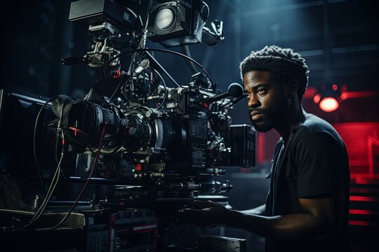 Black filmmaker using high-end camera in dim studio. 