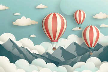 Fototapeta premium Clouds and striped hot air balloons against cloudy sky fly over mountains.