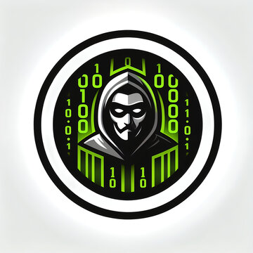 a circle emblem logo with a masked hacker and binary codes inside the logo
