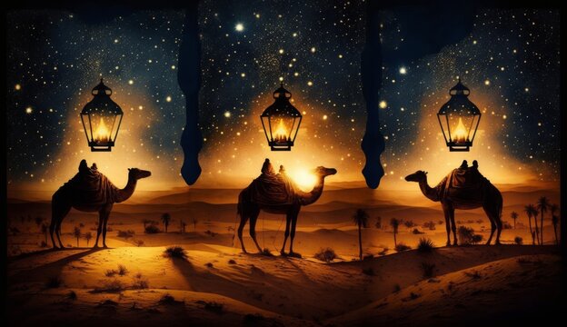 camel on desert . Hanging three lantern islamic . Cosmos night sky and comet 