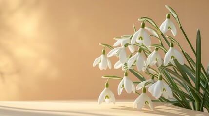 Banner with exquisite white springtime snowdrops set on a beige backdrop and space, Generative AI. - obrazy, fototapety, plakaty