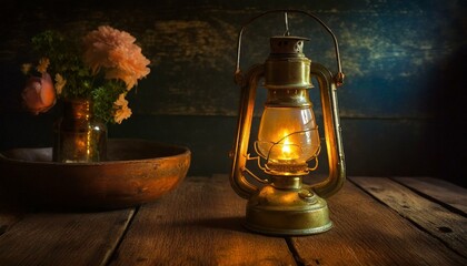  the rustic elegance of an antique kerosene lamp casting a soft glow on a rustic wooden table, old oil lamp on the table