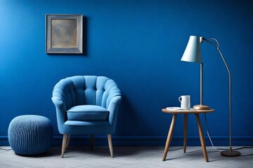 The classic blue armchair, a small table and lamp against a blue wall