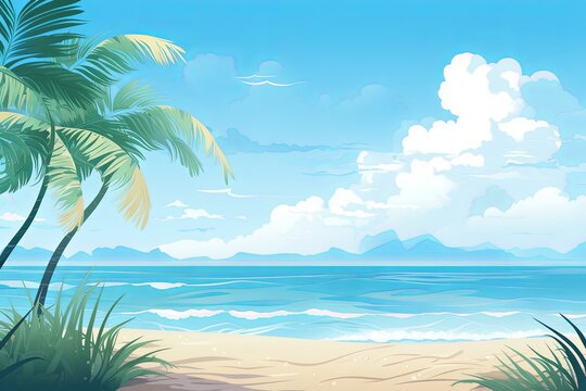 Summer beach background clouds and sky, waves and sea with palm leaves