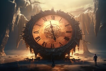 Concept of time passing. Apocalyptic image of a traveler looking at the clock. Losing time. AI...