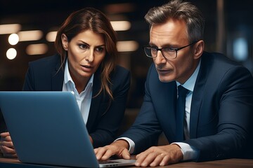 Two busy professional business people working in office with computer. Middle aged female executive manager talking to male colleague having conversation 