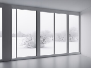 White modern room with winter weather outside