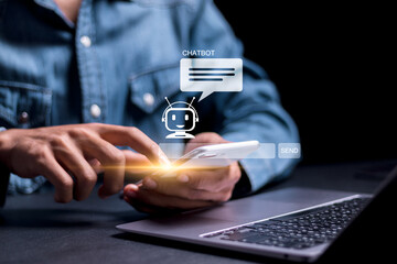 AI Chatbot intelligent digital customer service. Person use smartphone with Chatbot application for artificial intelligence automatically respond to online messages to help customers instantly.