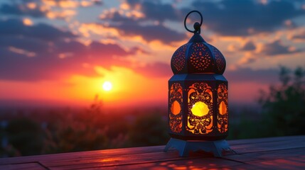 Arabic lantern on a wooden table facing a stunning sunset sky, symbolizing the traditional lighting of the Ramadan Kareem festival