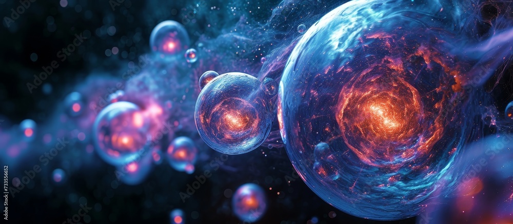 Poster a mesmerizing display of electric blue bubbles float in the darkness of space, creating a beautiful 