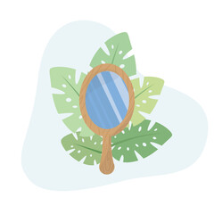 Hand Mirror flat vector Illustration icon decorated with leaves for web use for view, beauty, make up, portable, mirror, reflection.