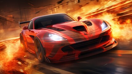A fiery red modified sports car adorned with racing stripes, leaving a trail of flames as it...