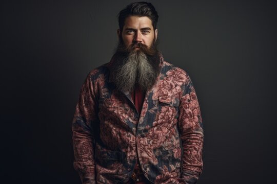 Bearded man, long beard. Brutal caucasian serious unshaven hipster with moustache in red jacket on dark background