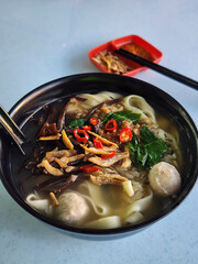 Popular Chinese street food. Pan Mee Soup. A Hakka delicacy loved by many