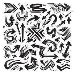 A Collection of Scribble Arrow Strokes in Varied Sizes and Directions, Black brush stroke arrow set.