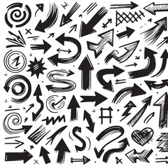 A Collection of Scribble Arrow Strokes in Varied Sizes and Directions, Black brush stroke arrow set.