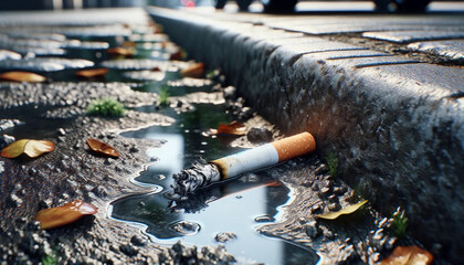 Close-up view of a discarded cigarette butt in a street gutter - obrazy, fototapety, plakaty