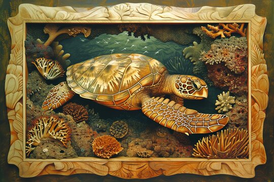 Ornate Sea Turtle within a Decorative Frame.
A sea turtle centrepiece in a beautifully framed artwork.