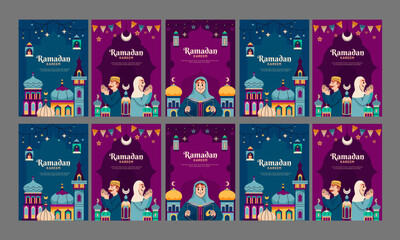 marhaban ya ramadan social media post vector flat design template - obrazy, fototapety, plakaty