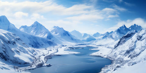 Snowy mountains landscape with lake and blue sky. 3d rendering