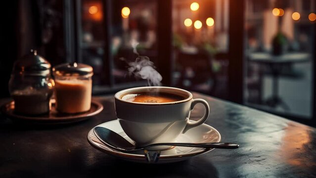 cup of fresh aromatic coffee at table in cafe. seamless looping overlay 4k virtual video animation background 